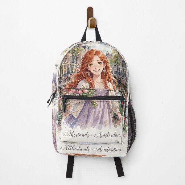 Item preview, Netherlands Amsterdam Canals with a Sweet Redhead Traveler Holding Tulips, Elegant Lavender Dress and Charming European Spring Cityscape designed and sold by DibujandoPorfa.