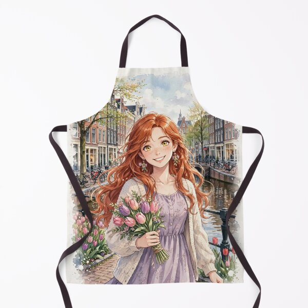 Item preview, Netherlands Amsterdam Canals with a Sweet Redhead Traveler Holding Tulips, Elegant Lavender Dress and Charming European Spring Cityscape designed and sold by DibujandoPorfa.