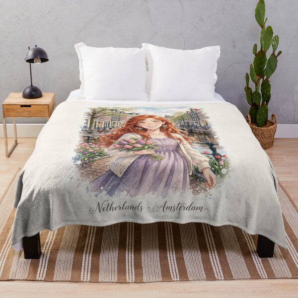 Item preview, Netherlands Amsterdam Canals with a Sweet Redhead Traveler Holding Tulips, Elegant Lavender Dress and Charming European Spring Cityscape designed and sold by DibujandoPorfa.