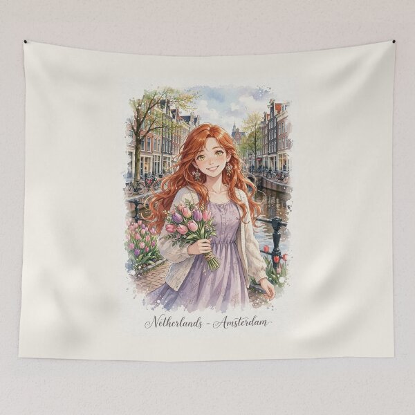 Item preview, Netherlands Amsterdam Canals with a Sweet Redhead Traveler Holding Tulips, Elegant Lavender Dress and Charming European Spring Cityscape designed and sold by DibujandoPorfa.