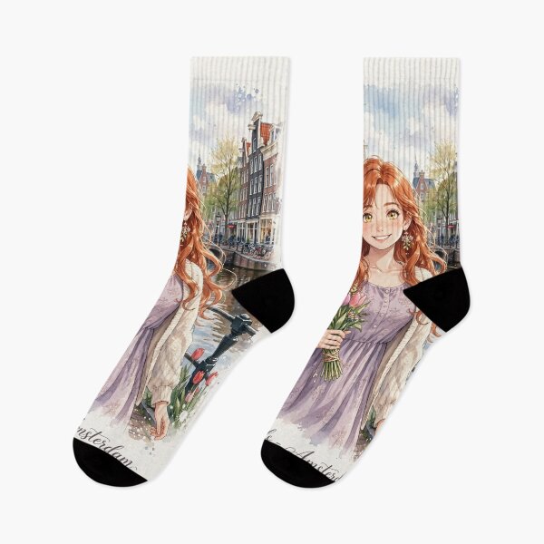 Item preview, Netherlands Amsterdam Canals with a Sweet Redhead Traveler Holding Tulips, Elegant Lavender Dress and Charming European Spring Cityscape designed and sold by DibujandoPorfa.