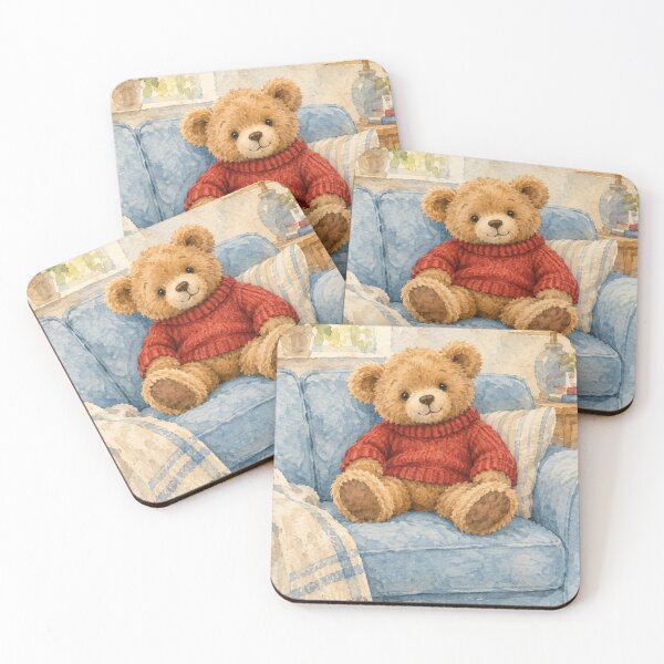 Item preview, Cozy Teddy Bear in Red Sweater on Blue Sofa Watercolor Art designed and sold by BlueBerry45.