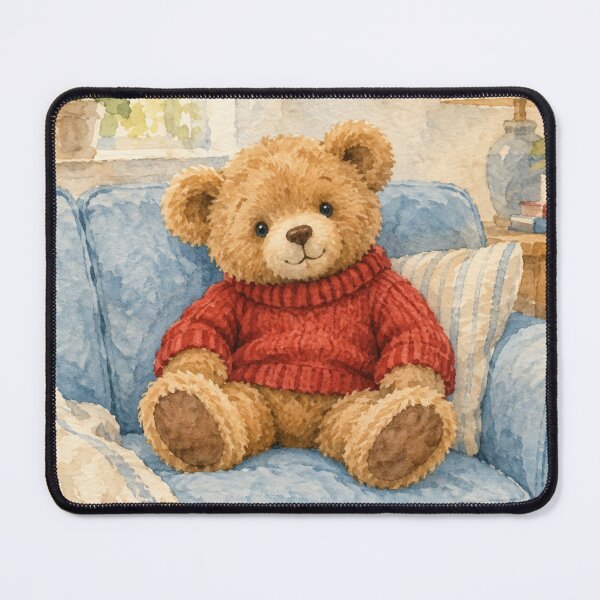Item preview, Cozy Teddy Bear in Red Sweater on Blue Sofa Watercolor Art designed and sold by BlueBerry45.