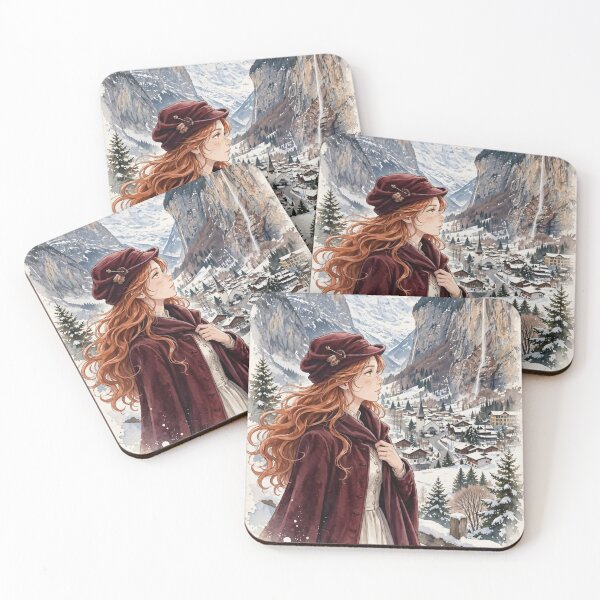 Item preview, Switzerland Swiss Alps with an Elegant Redhead Traveler in Burgundy Winter Fashion, Snowy Mountains and Enchanting Alpine Village Landscape designed and sold by DibujandoPorfa.