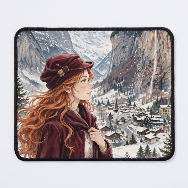 Item preview, Switzerland Swiss Alps with an Elegant Redhead Traveler in Burgundy Winter Fashion, Snowy Mountains and Enchanting Alpine Village Landscape designed and sold by DibujandoPorfa.
