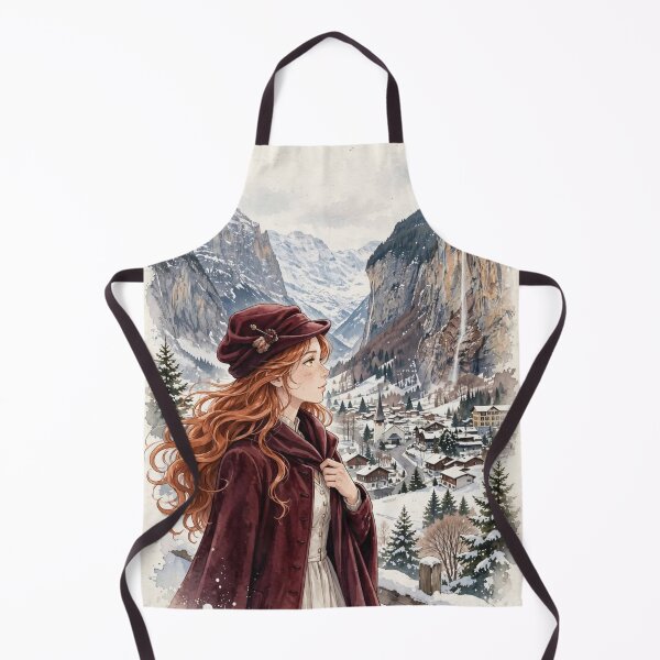 Item preview, Switzerland Swiss Alps with an Elegant Redhead Traveler in Burgundy Winter Fashion, Snowy Mountains and Enchanting Alpine Village Landscape designed and sold by DibujandoPorfa.