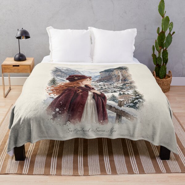 Item preview, Switzerland Swiss Alps with an Elegant Redhead Traveler in Burgundy Winter Fashion, Snowy Mountains and Enchanting Alpine Village Landscape designed and sold by DibujandoPorfa.