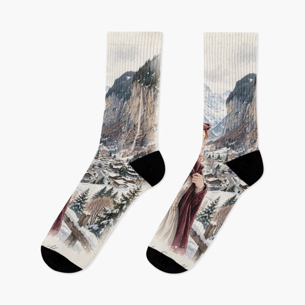 Item preview, Switzerland Swiss Alps with an Elegant Redhead Traveler in Burgundy Winter Fashion, Snowy Mountains and Enchanting Alpine Village Landscape designed and sold by DibujandoPorfa.