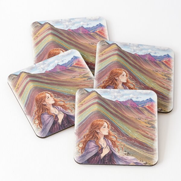 Item preview, Peru Rainbow Mountain with an Enchanting Redhead Traveler in a Deep Purple Dress, Colorful Andes and Dramatic Mountain Landscape designed and sold by DibujandoPorfa.