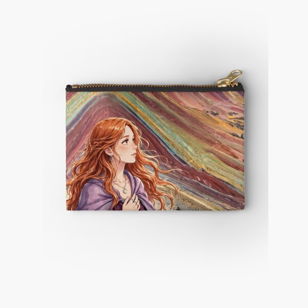 Item preview, Peru Rainbow Mountain with an Enchanting Redhead Traveler in a Deep Purple Dress, Colorful Andes and Dramatic Mountain Landscape designed and sold by DibujandoPorfa.