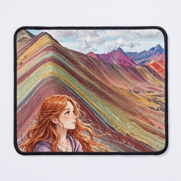 Item preview, Peru Rainbow Mountain with an Enchanting Redhead Traveler in a Deep Purple Dress, Colorful Andes and Dramatic Mountain Landscape designed and sold by DibujandoPorfa.