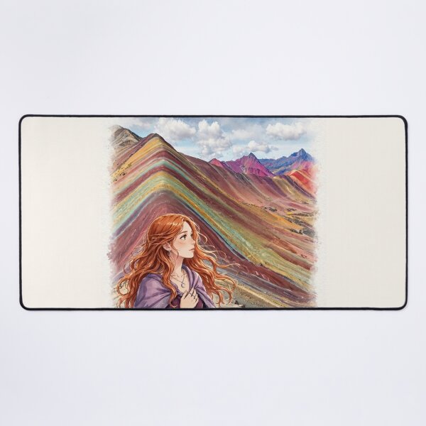 Item preview, Peru Rainbow Mountain with an Enchanting Redhead Traveler in a Deep Purple Dress, Colorful Andes and Dramatic Mountain Landscape designed and sold by DibujandoPorfa.