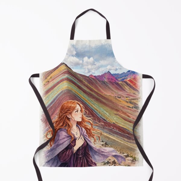 Item preview, Peru Rainbow Mountain with an Enchanting Redhead Traveler in a Deep Purple Dress, Colorful Andes and Dramatic Mountain Landscape designed and sold by DibujandoPorfa.