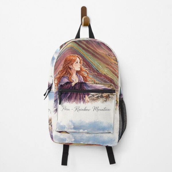 Item preview, Peru Rainbow Mountain with an Enchanting Redhead Traveler in a Deep Purple Dress, Colorful Andes and Dramatic Mountain Landscape designed and sold by DibujandoPorfa.
