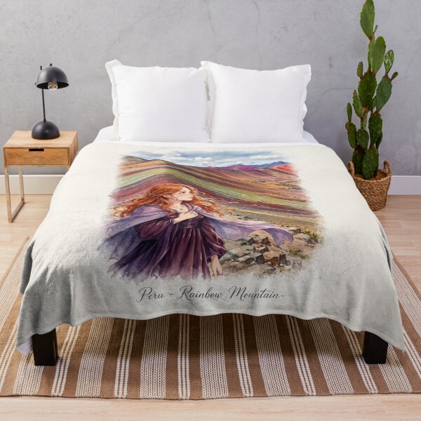 Item preview, Peru Rainbow Mountain with an Enchanting Redhead Traveler in a Deep Purple Dress, Colorful Andes and Dramatic Mountain Landscape designed and sold by DibujandoPorfa.
