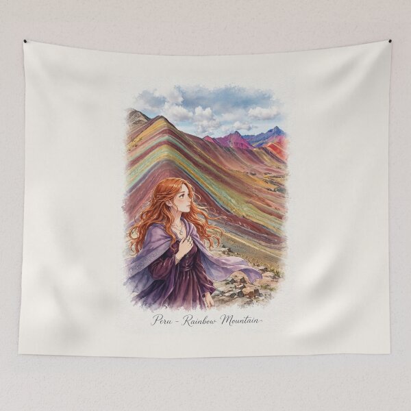Item preview, Peru Rainbow Mountain with an Enchanting Redhead Traveler in a Deep Purple Dress, Colorful Andes and Dramatic Mountain Landscape designed and sold by DibujandoPorfa.