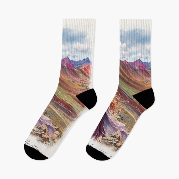 Item preview, Peru Rainbow Mountain with an Enchanting Redhead Traveler in a Deep Purple Dress, Colorful Andes and Dramatic Mountain Landscape designed and sold by DibujandoPorfa.