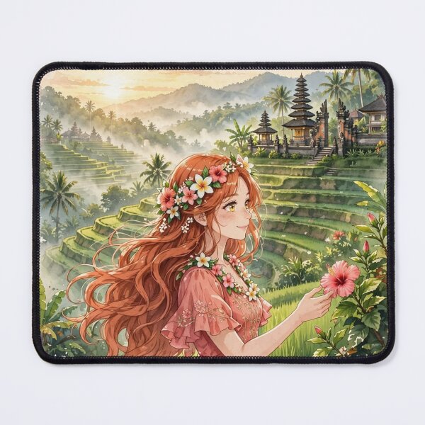 Item preview, Indonesia Bali Temple with a Beautiful Redhead Traveler in a Flowing Coral Dress, Tropical Gardens, Rice Terraces and Magical Sunrise designed and sold by DibujandoPorfa.