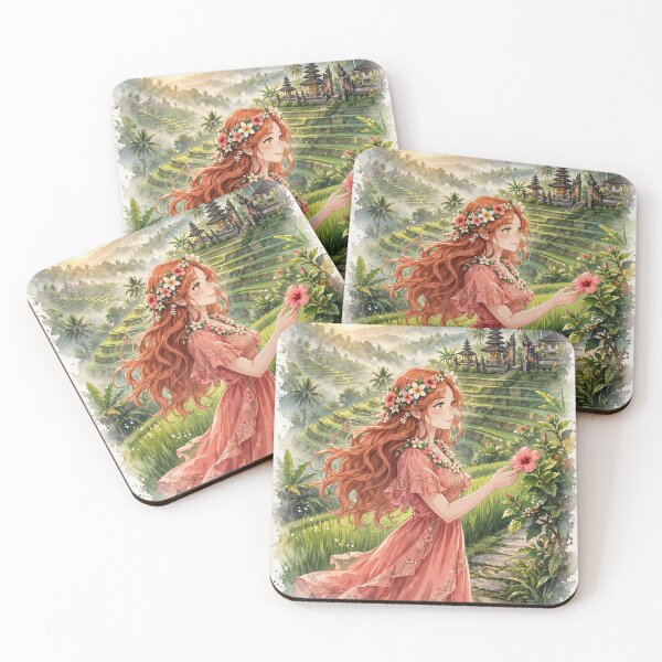 Item preview, Indonesia Bali Temple with a Beautiful Redhead Traveler in a Flowing Coral Dress, Tropical Gardens, Rice Terraces and Magical Sunrise designed and sold by DibujandoPorfa.