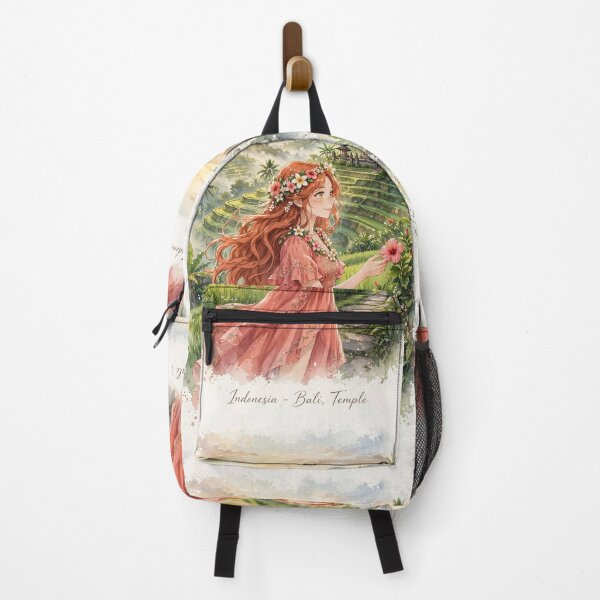 Item preview, Indonesia Bali Temple with a Beautiful Redhead Traveler in a Flowing Coral Dress, Tropical Gardens, Rice Terraces and Magical Sunrise designed and sold by DibujandoPorfa.