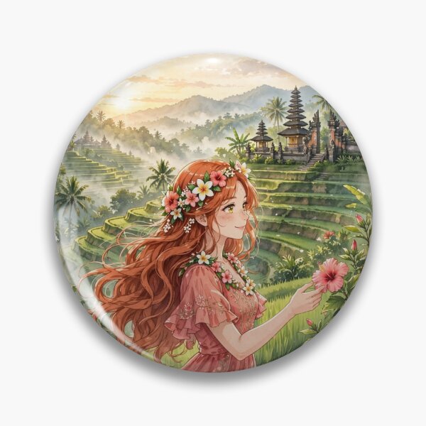 Item preview, Indonesia Bali Temple with a Beautiful Redhead Traveler in a Flowing Coral Dress, Tropical Gardens, Rice Terraces and Magical Sunrise designed and sold by DibujandoPorfa.