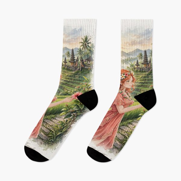Item preview, Indonesia Bali Temple with a Beautiful Redhead Traveler in a Flowing Coral Dress, Tropical Gardens, Rice Terraces and Magical Sunrise designed and sold by DibujandoPorfa.