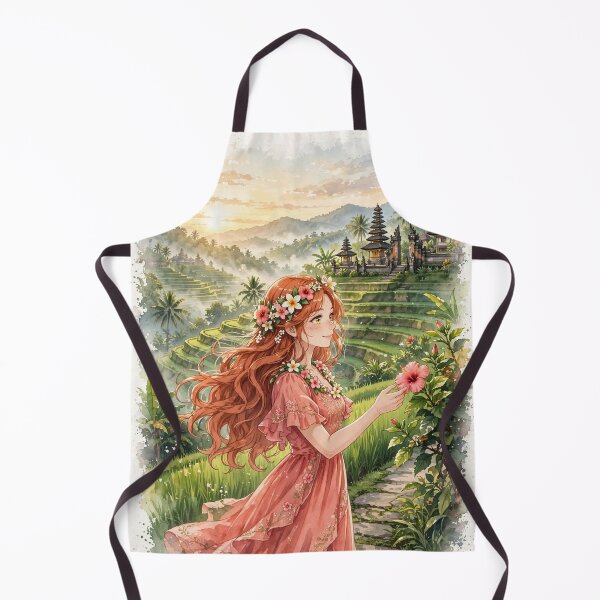 Item preview, Indonesia Bali Temple with a Beautiful Redhead Traveler in a Flowing Coral Dress, Tropical Gardens, Rice Terraces and Magical Sunrise designed and sold by DibujandoPorfa.