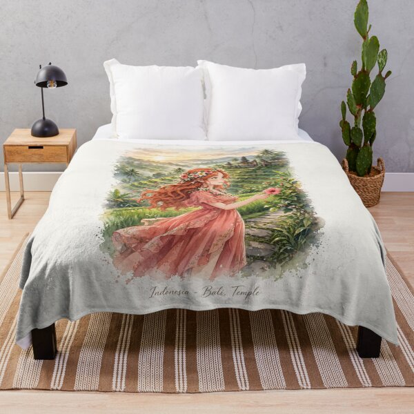 Item preview, Indonesia Bali Temple with a Beautiful Redhead Traveler in a Flowing Coral Dress, Tropical Gardens, Rice Terraces and Magical Sunrise designed and sold by DibujandoPorfa.