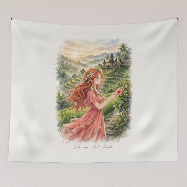 Item preview, Indonesia Bali Temple with a Beautiful Redhead Traveler in a Flowing Coral Dress, Tropical Gardens, Rice Terraces and Magical Sunrise designed and sold by DibujandoPorfa.