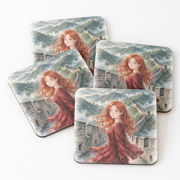 Item preview, China Great Wall with a Graceful Redhead Traveler in an Elegant Red Dress, Misty Mountains and Historic Asian Landscape designed and sold by DibujandoPorfa.