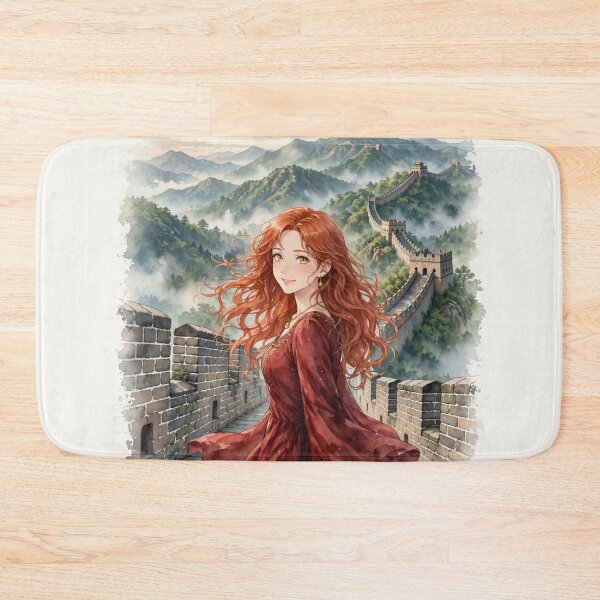Item preview, China Great Wall with a Graceful Redhead Traveler in an Elegant Red Dress, Misty Mountains and Historic Asian Landscape designed and sold by DibujandoPorfa.