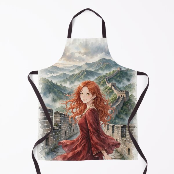 Item preview, China Great Wall with a Graceful Redhead Traveler in an Elegant Red Dress, Misty Mountains and Historic Asian Landscape designed and sold by DibujandoPorfa.