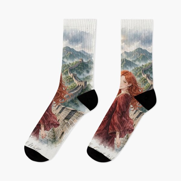 Item preview, China Great Wall with a Graceful Redhead Traveler in an Elegant Red Dress, Misty Mountains and Historic Asian Landscape designed and sold by DibujandoPorfa.