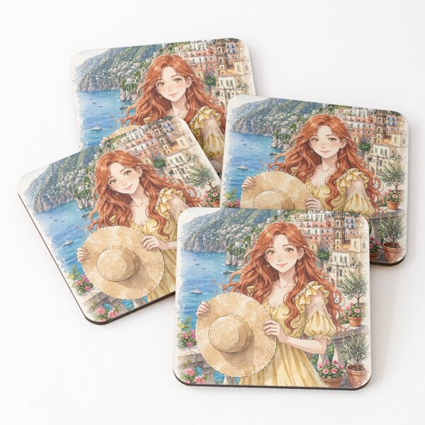 Item preview, Italy Amalfi Coast with a Radiant Redhead Traveler in a Flowing Yellow Dress, Turquoise Mediterranean Sea and Romantic Cliffside Landscape designed and sold by DibujandoPorfa.