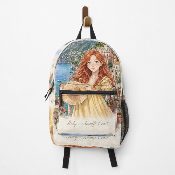 Item preview, Italy Amalfi Coast with a Radiant Redhead Traveler in a Flowing Yellow Dress, Turquoise Mediterranean Sea and Romantic Cliffside Landscape designed and sold by DibujandoPorfa.