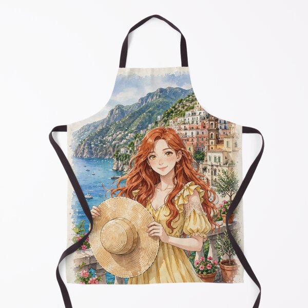 Item preview, Italy Amalfi Coast with a Radiant Redhead Traveler in a Flowing Yellow Dress, Turquoise Mediterranean Sea and Romantic Cliffside Landscape designed and sold by DibujandoPorfa.
