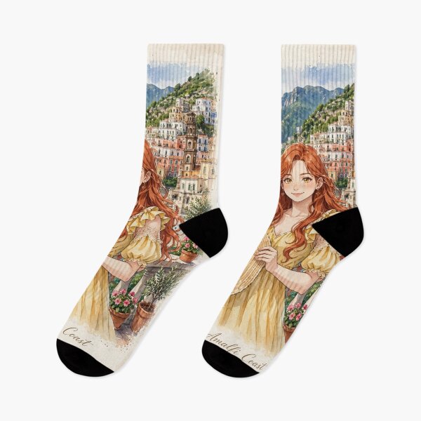 Item preview, Italy Amalfi Coast with a Radiant Redhead Traveler in a Flowing Yellow Dress, Turquoise Mediterranean Sea and Romantic Cliffside Landscape designed and sold by DibujandoPorfa.
