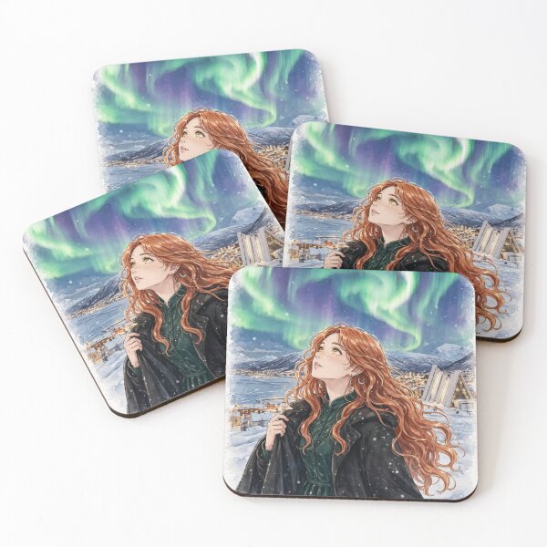 Item preview, Norway Tromsø Northern Lights with an Enchanting Redhead Traveler in Emerald Evening Fashion, Snowy Mountains and Magical Aurora Sky designed and sold by DibujandoPorfa.