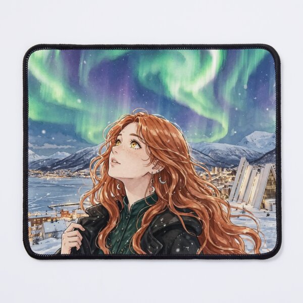 Item preview, Norway Tromsø Northern Lights with an Enchanting Redhead Traveler in Emerald Evening Fashion, Snowy Mountains and Magical Aurora Sky designed and sold by DibujandoPorfa.