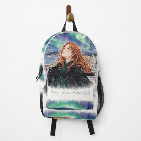 Item preview, Norway Tromsø Northern Lights with an Enchanting Redhead Traveler in Emerald Evening Fashion, Snowy Mountains and Magical Aurora Sky designed and sold by DibujandoPorfa.