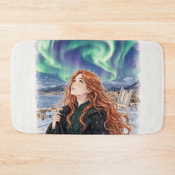 Item preview, Norway Tromsø Northern Lights with an Enchanting Redhead Traveler in Emerald Evening Fashion, Snowy Mountains and Magical Aurora Sky designed and sold by DibujandoPorfa.