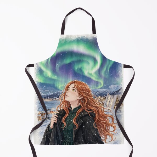 Item preview, Norway Tromsø Northern Lights with an Enchanting Redhead Traveler in Emerald Evening Fashion, Snowy Mountains and Magical Aurora Sky designed and sold by DibujandoPorfa.
