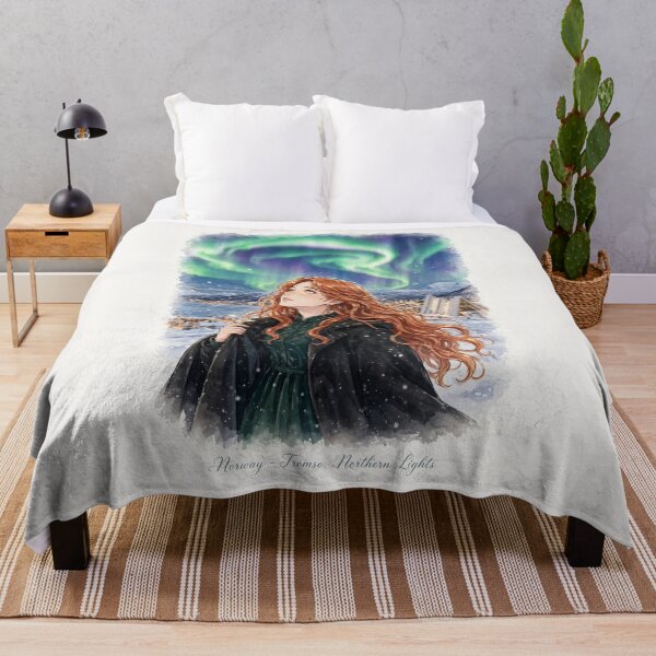 Item preview, Norway Tromsø Northern Lights with an Enchanting Redhead Traveler in Emerald Evening Fashion, Snowy Mountains and Magical Aurora Sky designed and sold by DibujandoPorfa.