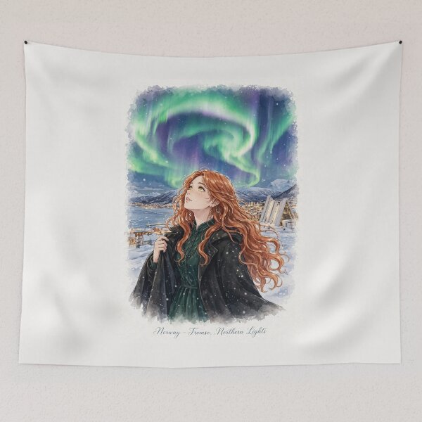 Item preview, Norway Tromsø Northern Lights with an Enchanting Redhead Traveler in Emerald Evening Fashion, Snowy Mountains and Magical Aurora Sky designed and sold by DibujandoPorfa.