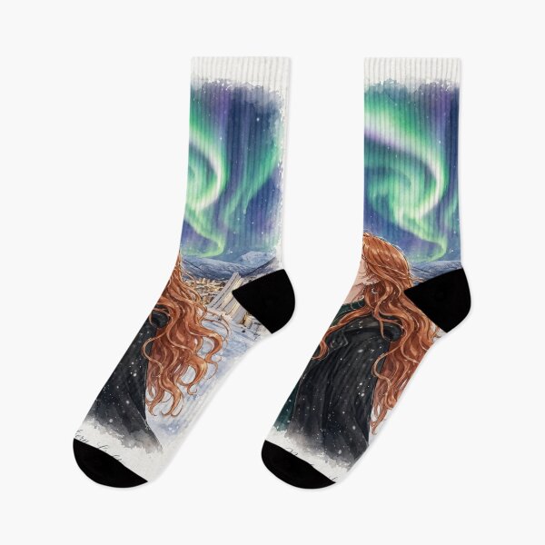 Item preview, Norway Tromsø Northern Lights with an Enchanting Redhead Traveler in Emerald Evening Fashion, Snowy Mountains and Magical Aurora Sky designed and sold by DibujandoPorfa.