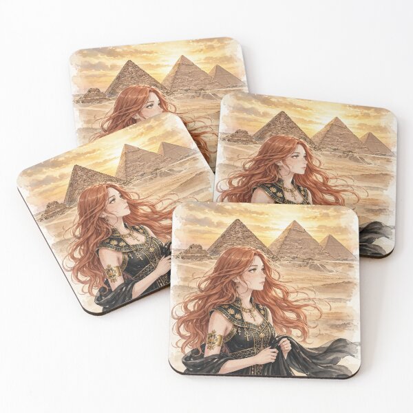 Item preview, Egypt Giza Pyramids with a Mysterious Redhead Traveler in Elegant Black and Gold Dress, Golden Desert Sunset and Ancient Landscape designed and sold by DibujandoPorfa.