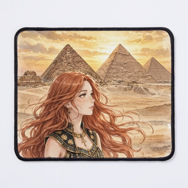 Item preview, Egypt Giza Pyramids with a Mysterious Redhead Traveler in Elegant Black and Gold Dress, Golden Desert Sunset and Ancient Landscape designed and sold by DibujandoPorfa.
