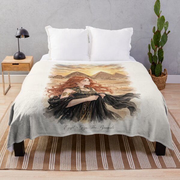 Item preview, Egypt Giza Pyramids with a Mysterious Redhead Traveler in Elegant Black and Gold Dress, Golden Desert Sunset and Ancient Landscape designed and sold by DibujandoPorfa.