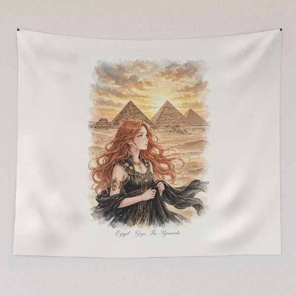 Item preview, Egypt Giza Pyramids with a Mysterious Redhead Traveler in Elegant Black and Gold Dress, Golden Desert Sunset and Ancient Landscape designed and sold by DibujandoPorfa.