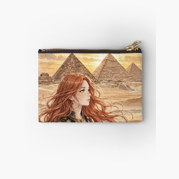 Item preview, Egypt Giza Pyramids with a Mysterious Redhead Traveler in Elegant Black and Gold Dress, Golden Desert Sunset and Ancient Landscape designed and sold by DibujandoPorfa.